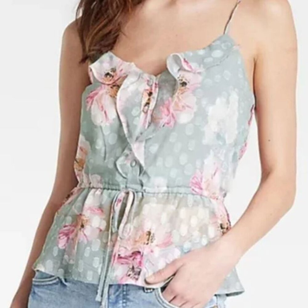 NWT Size M Express Floral Spaghetti Strap Blue Polka Dot Peplum Top
